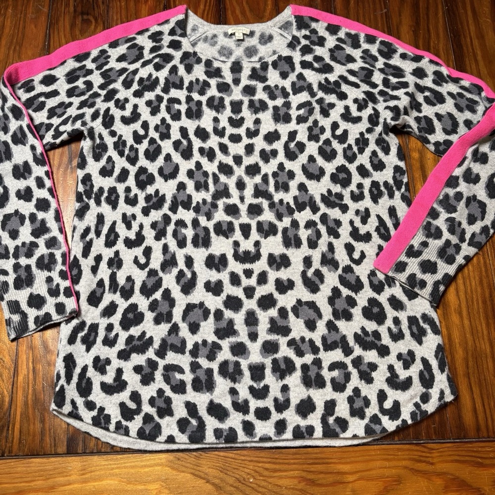 Project 100% Cashmere Gray Leopard Pink Stripe Pullover Sweater animal S A1025